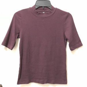 Womens UNIQLO Mock Neck Ribbed Sweater Elbow Sleeve 100% Cotton Size S